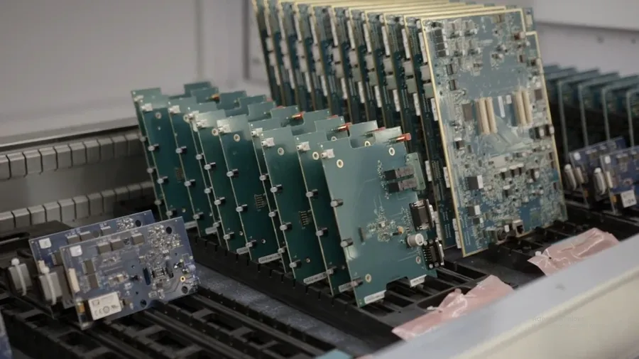 Automated warehouse for storing and retrieving electronic components.