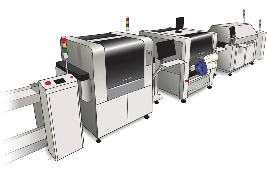 A PCB production line with various stages of manufacturing.