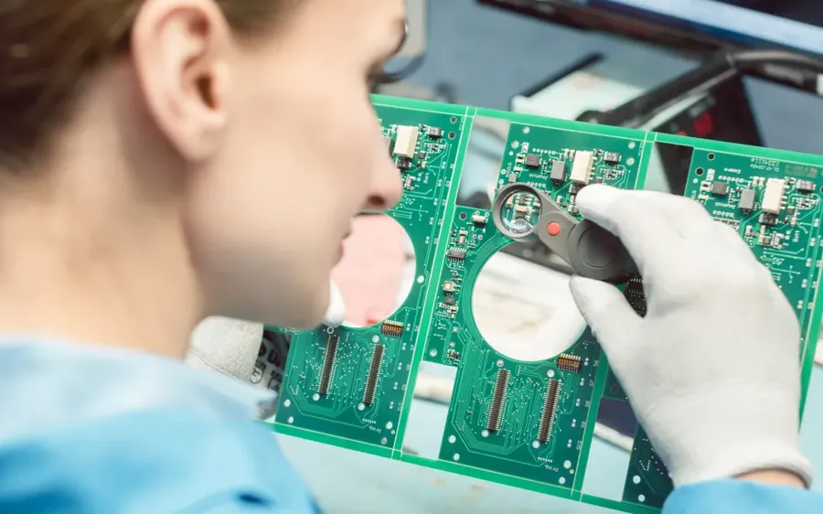 A person inspecting a PCB for quality using a microscope.