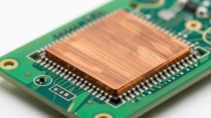 Macro view of a heavy copper printed circuit board showing thick conductive traces