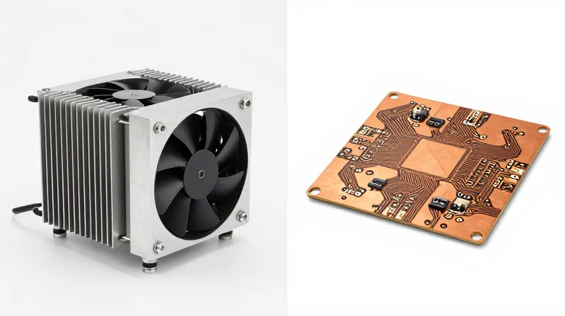 Split view comparing traditional bulky heatsinks vs integrated heavy copper PCB thermal solutions