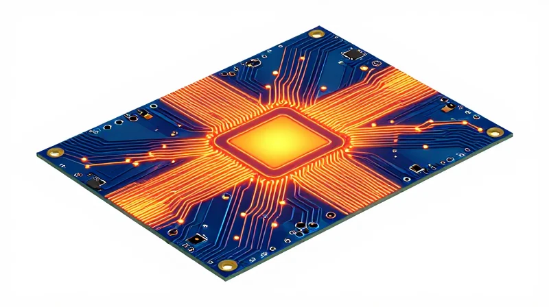 Heat map conceptual view of a PCB board highlighting thermal management solutions and heat dissipation.