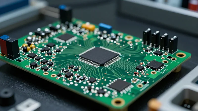 A close-up of a high-tech circuit board under thermal stress testing in an automotive laboratory environment.