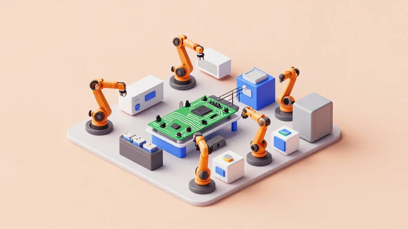 Isometric view of a modern automated PCB assembly line showing precision manufacturing.