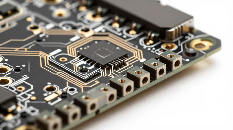Highly detailed microvia structure on a dense multilayer PCB.