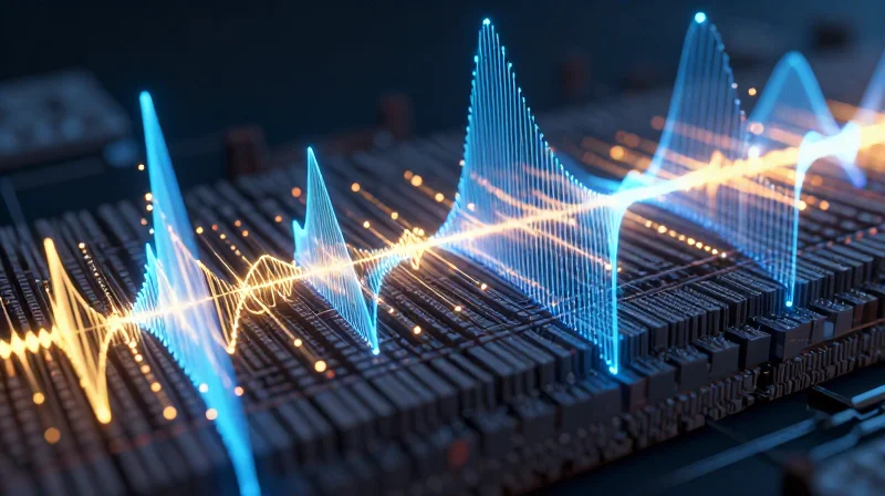 Abstract visualization of electromagnetic waves propagating through a material with thermal glowing nodes.
