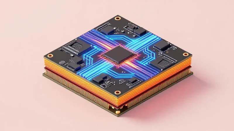 Isometric 3D model of a multilayered circuit board showing heat dissipation paths.