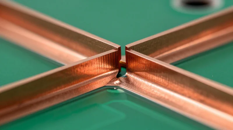 Cross-section of a thick copper layer on a PCB showing clean etching edges.