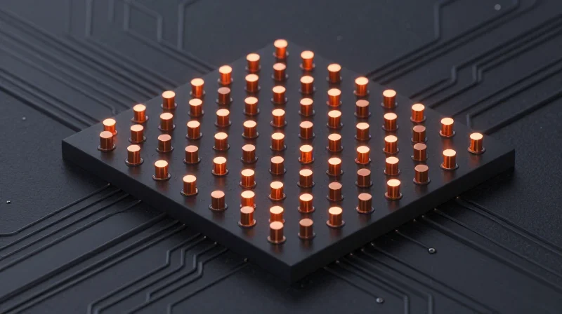 An array of thermal vias in a circuit board, represented as a geometric grid.