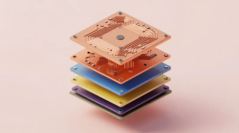 An exploded view of a multilayer PCB stackup showing different internal layers.