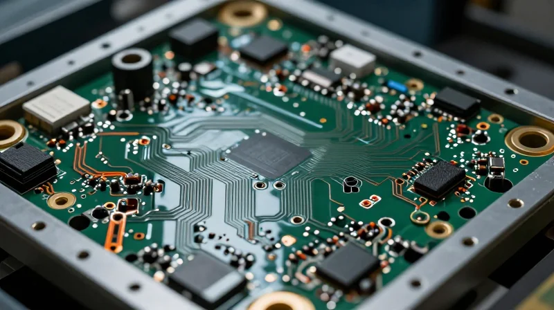 A close-up of a complex and tangled rigid-flex PCB assembly in an EV battery pack showing mechanical strain.