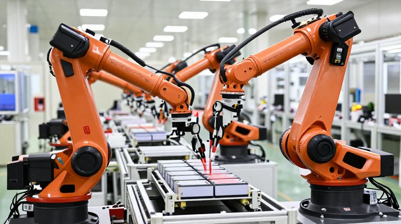 Automated robotic arms assembling battery modules in a clean, modern factory environment.