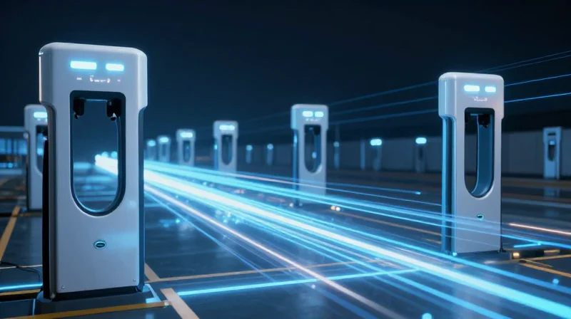 Conceptual visualization of modern 800V EV charging systems with high-density power flow