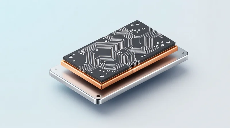 An isometric view of an exploded view of a multilayer metal core printed circuit board showing thermal dissipation layers.