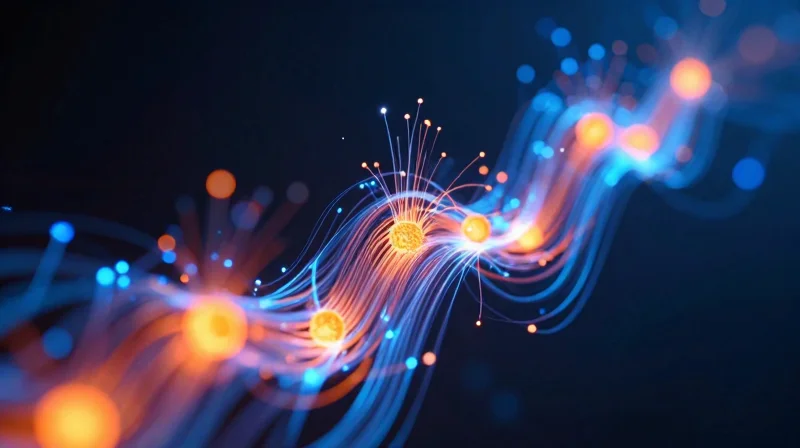 Abstract visualization of glowing heat dissipating away from a central light point into a cooling metal structure.