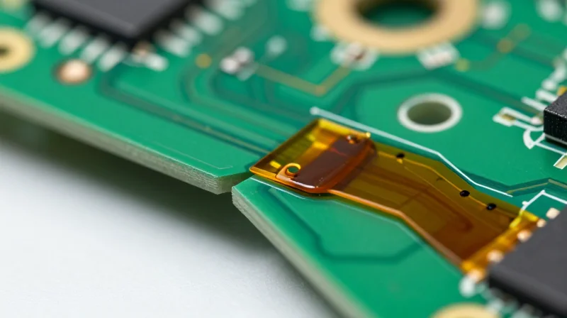 Detailed view of a rigid-flex PCB showing the transition between rigid boards and flexible polyimide layers.