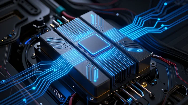 High-tech automotive power inverter system with complex circuitry, highlighting high-power density concepts.