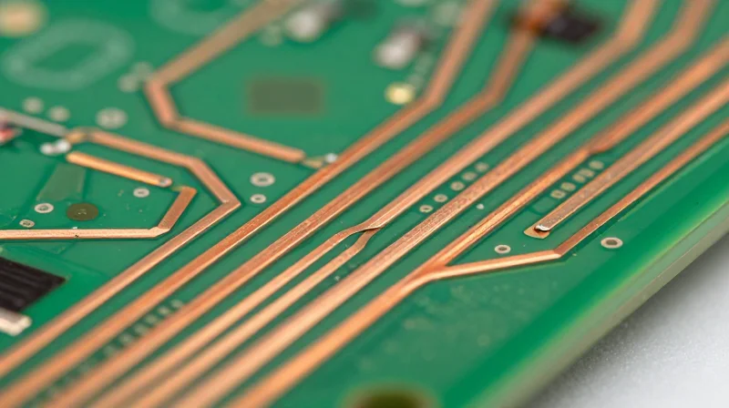 Macro view of uniform copper traces on a printed circuit board.