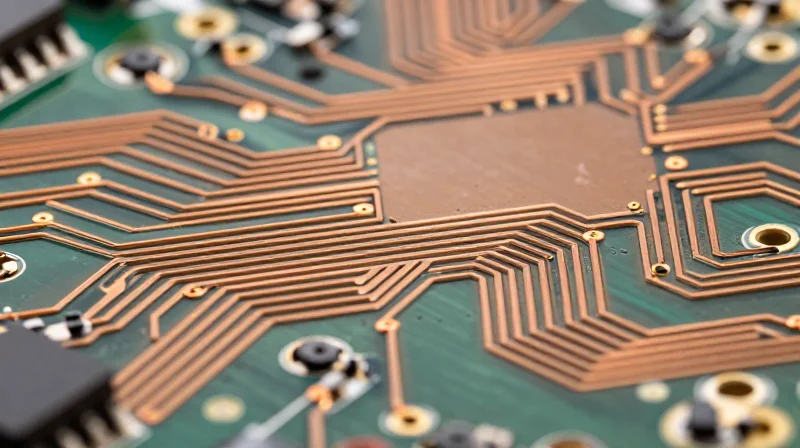 Macro view showing the thick copper layers and robust traces on a green PCB board
