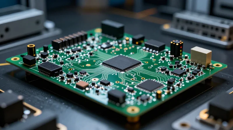 A close-up of a high-tech automotive PCB board for safety systems