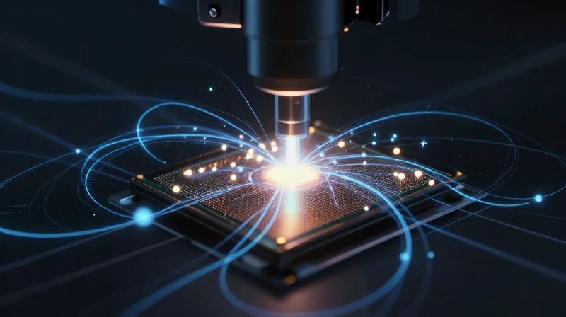 Conceptual representation of AI optical inspection nodes scanning electronic parts.