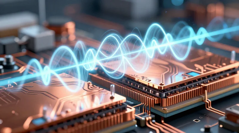 Abstract visualization of electromagnetic wave propagation in PCB materials
