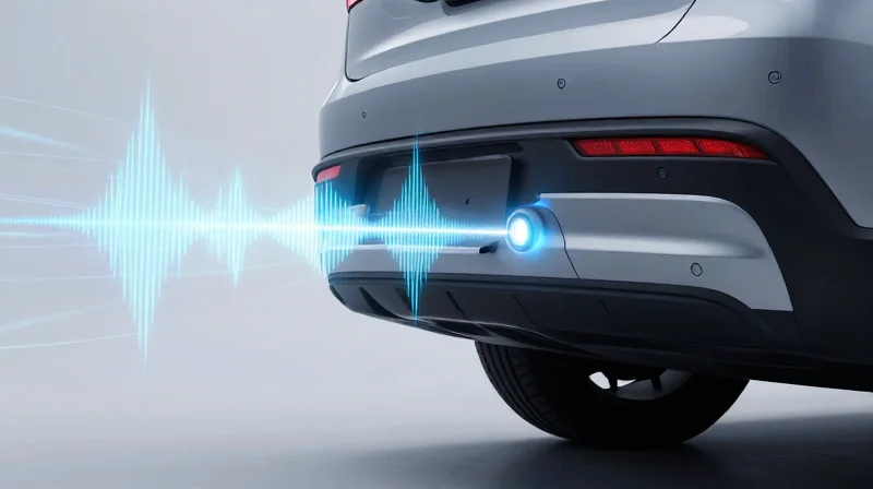 Abstract representation of ultrasonic wave transition to focused radar beams in an automotive context.