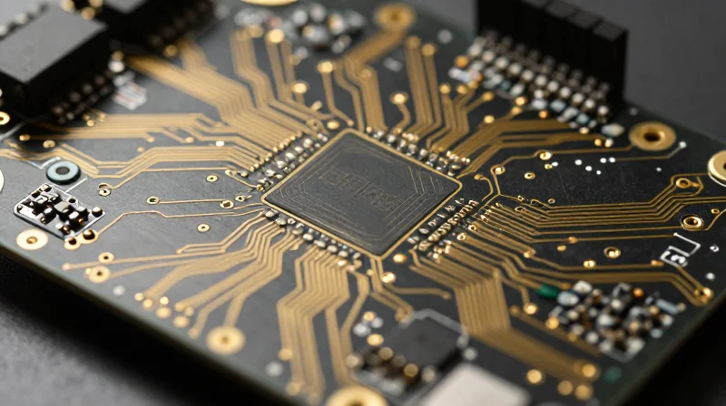 High-frequency electronic PCB circuitry with focus on signal transmission paths.