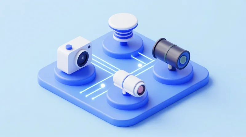 Isometric 3D representation of an autonomous vehicle's sensor fusion architecture.