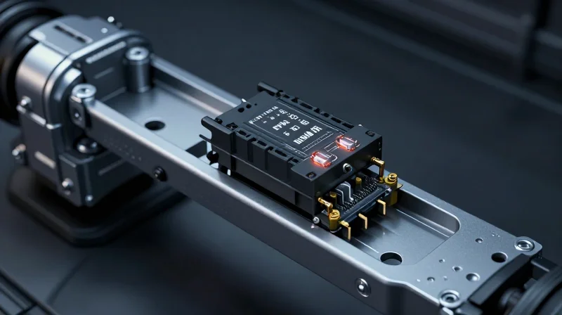 A professional 3D conceptual view of an electronic power steering rack with visible thermal stress and vibration indicators