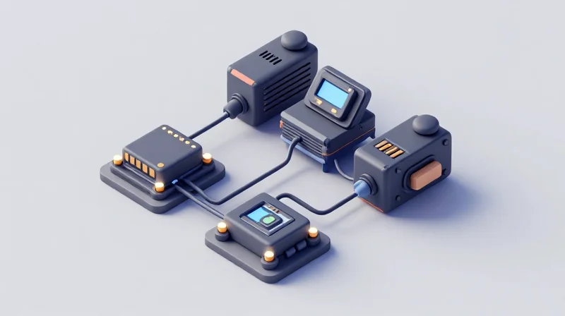 Isometric 3D view of an electronic power steering control unit with surrounding automotive electronic components