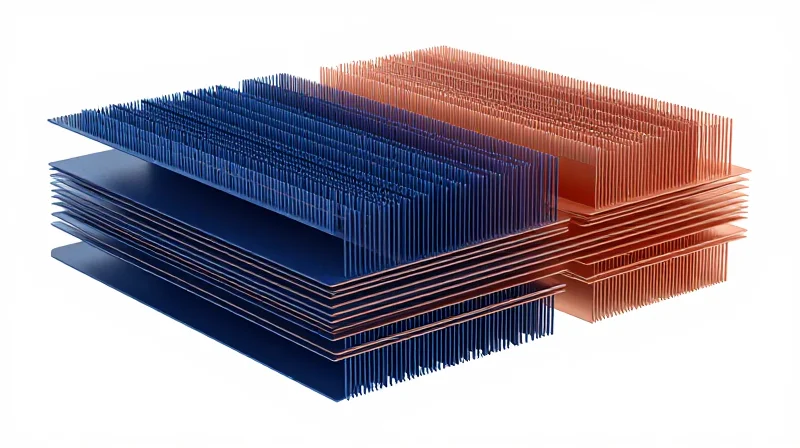 A close-up abstract view of PCB thermal dissipation layers showing heat sink structures