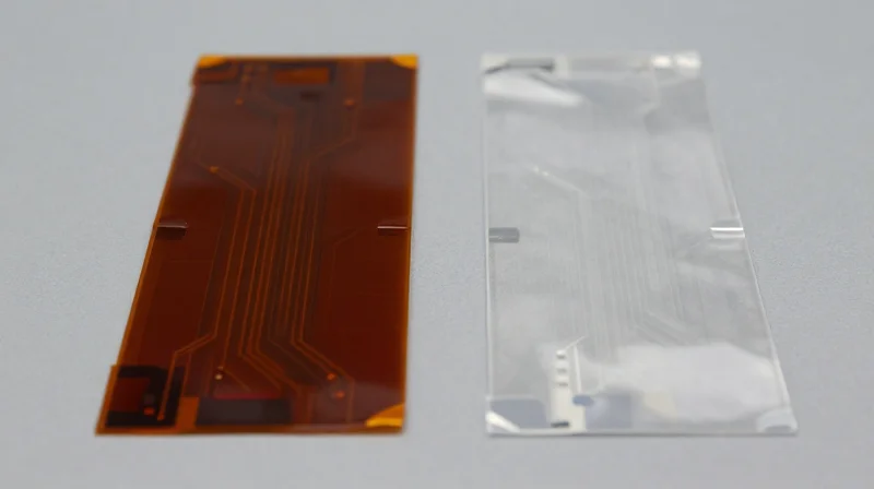 Side-by-side comparison of two flexible circuit material samples showing distinct texture and color properties.