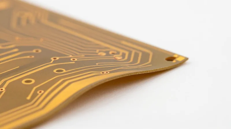 Close-up of a flexible circuit board demonstrating a precise bend radius with visible metallic copper traces.