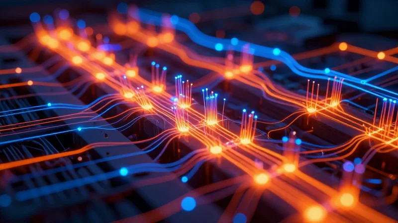 An abstract representation of thermal expansion effects on circuit board layers with glowing stress points.
