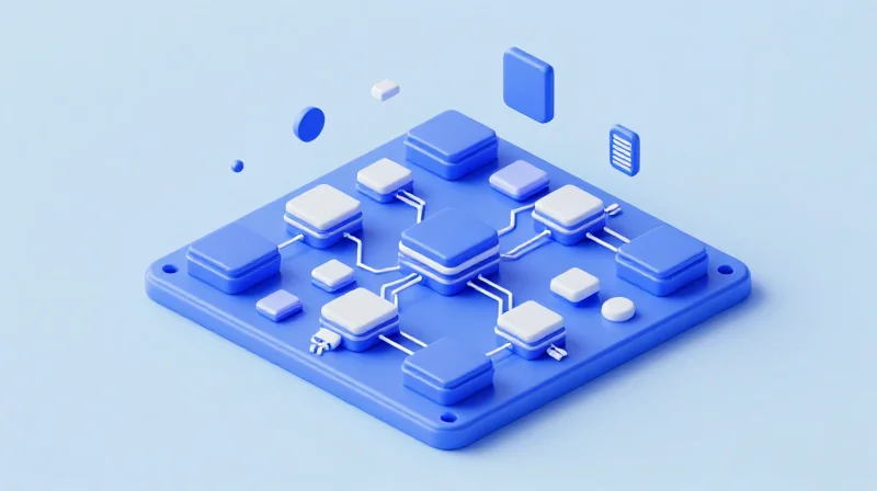 An isometric 3D representation of a modular automotive electronic system connected in a structured framework.