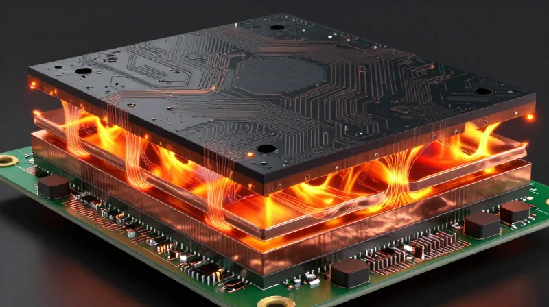 Cross-section visualization showing thermal expansion and stress between different layers of a circuit board