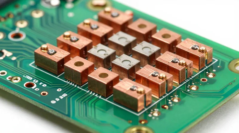 Close-up macro of a high-density thermal via array on an industrial PCB