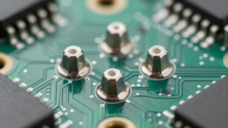 Microscopic view of perfectly formed solder joints on a PCB surface