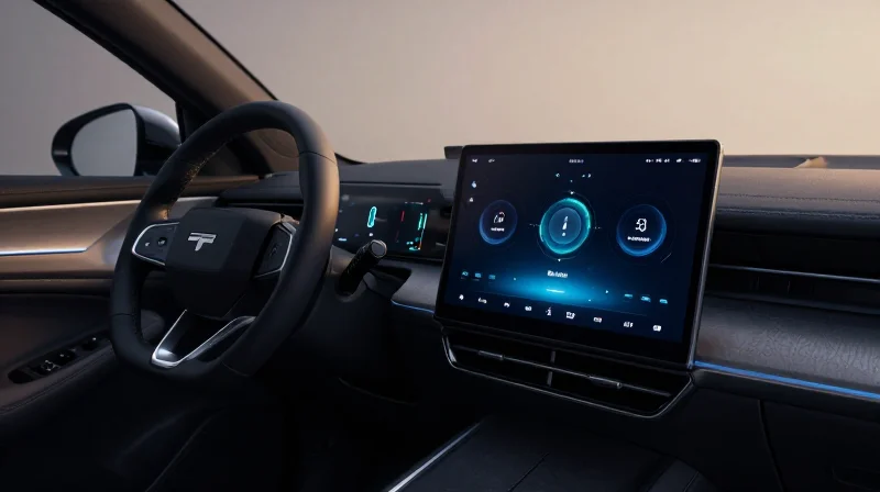 Modern automotive digital cockpit interior with futuristic glowing interface