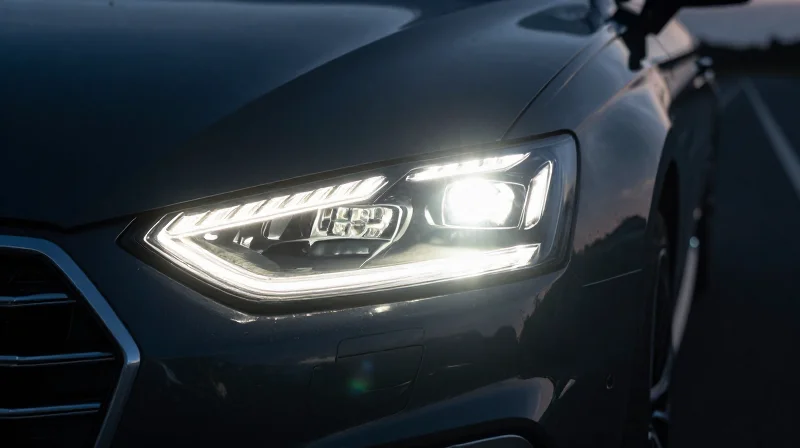 Advanced adaptive matrix LED automotive headlight illuminating a dark road at night