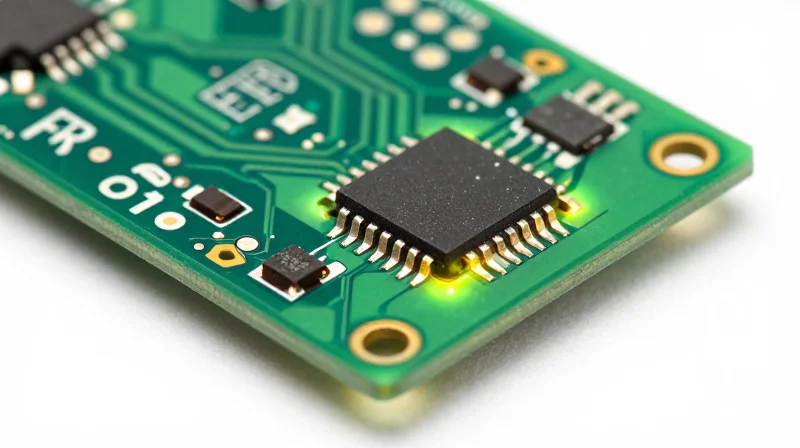 Close-up of a traditional green FR4 circuit board with heat dissipation issues represented by glowing hot spots