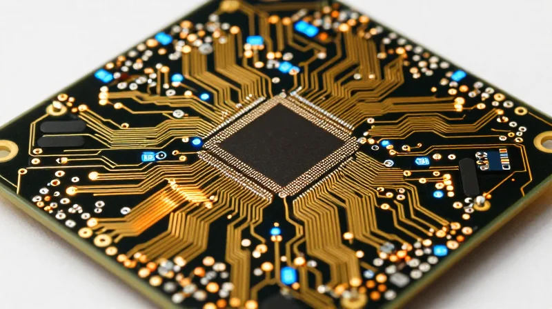 High-density interconnect PCB with glowing heat dissipation paths and thermal management zones