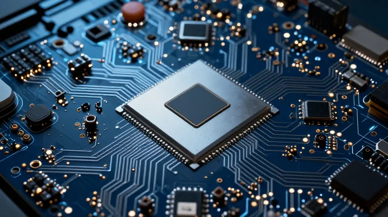 Abstract representation of high-tech automotive circuit boards and digital data processing