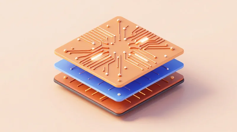 Layered isometric view of a high-speed PCB stack-up with glowing signal paths