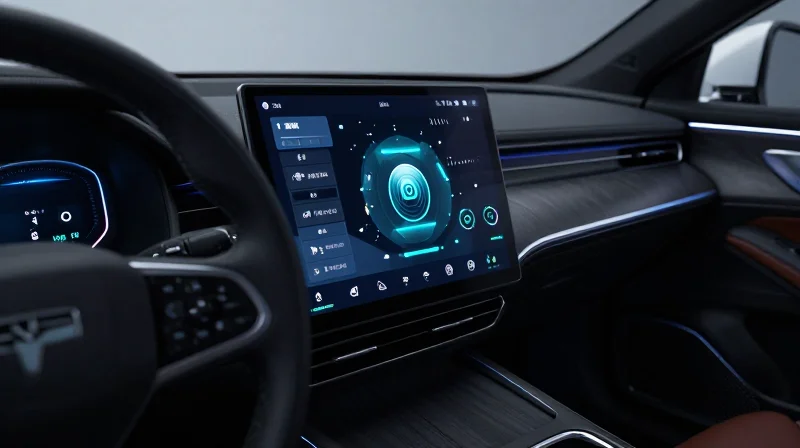 Futuristic automotive cockpit display showing advanced digital dashboard and infotainment interface