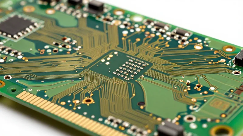 Macro 3D render of a multilayer PCB with visible microvias and complex internal wiring