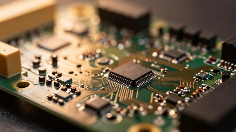 Abstract representation of automotive PCB design and financial efficiency