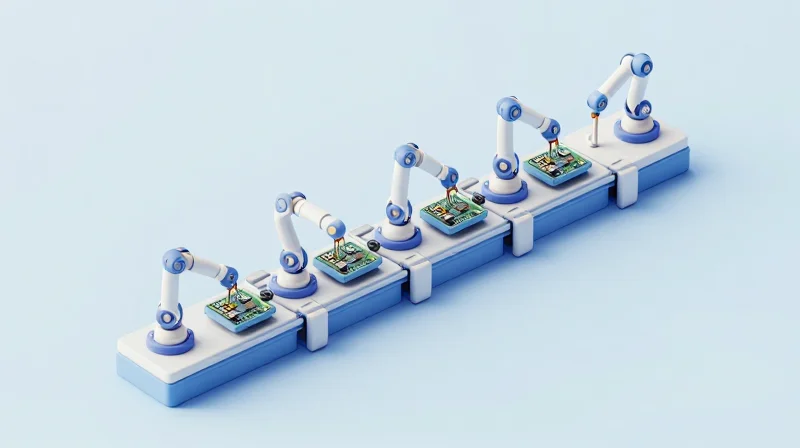 Isometric view of an organized electronic component manufacturing process