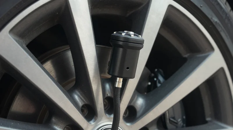 Close-up of a TPMS sensor mounted on a wheel hub under extreme conditions